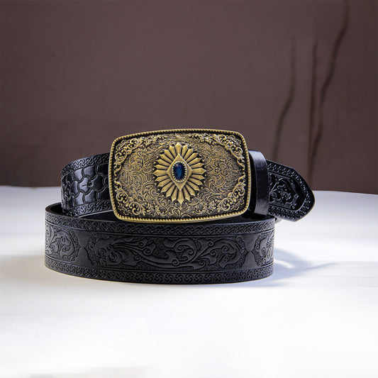 Women's Belt Gem Buckle Vintage Engraving Belt