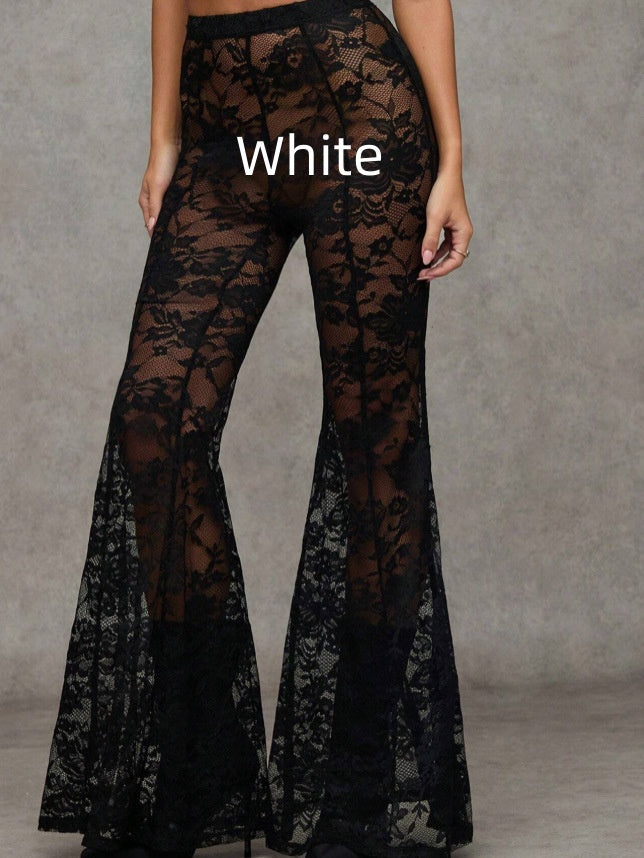 Mens And Womens High-waisted Solid-color Lace Flared Pants