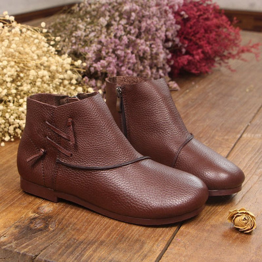 Handmade Retro Cowhide Booties With Round Heads And Flat Bottoms