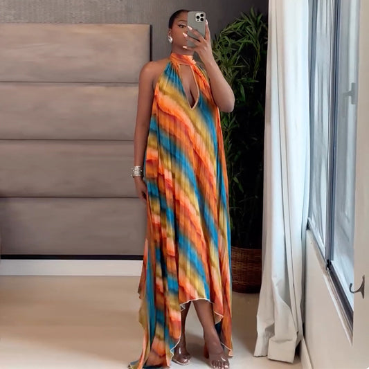 Neck-hanging Printed Hollow-out Loose Pleated Maxi Dress Long Skirt