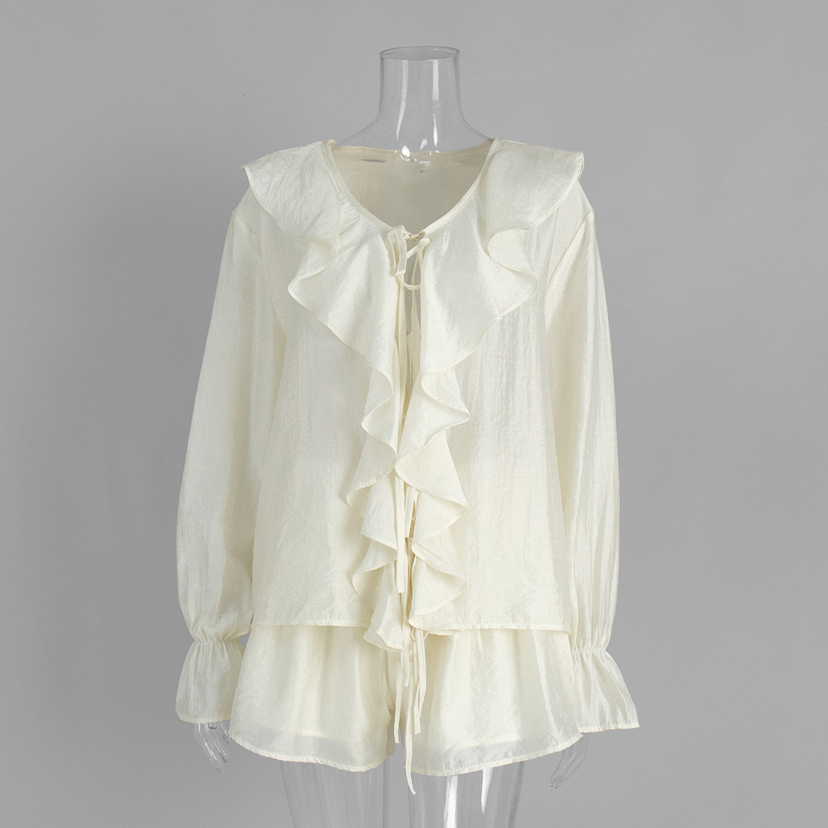 French-style V-neck Ruffled Shirt And Shorts Set