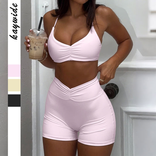 Sporty Yoga-Style Halter Top And Shorts Two-Piece Set For Women