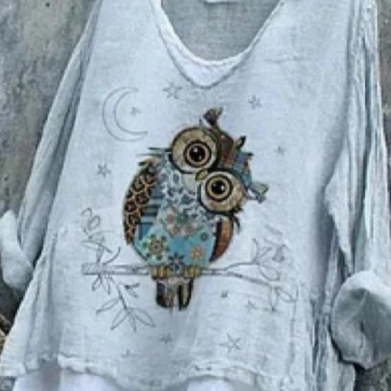 Women's Owl Print Casual Loose Fit Round Neck Short Sleeve Top