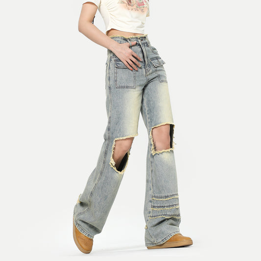 American-style Retro Straight Knee-exposed White Fashion Brand Ripped Jeans For Women
