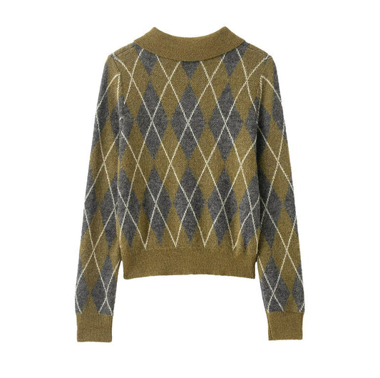 Women's Notched Lapel Long-sleeve Buttoned Diamond-patterned Knitted Sweater