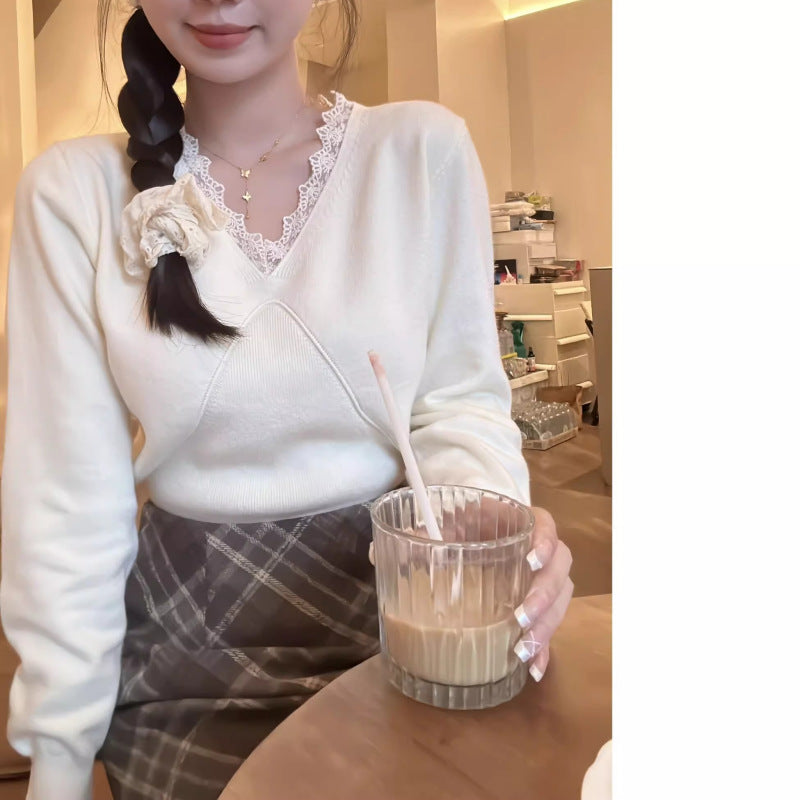 Lace V-neck Solid Color Women's Long Sleeve Sweater