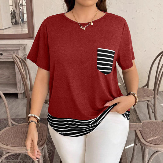 Patchwork Stripes Round Neck Loose Short Sleeves Fake Two-piece Top