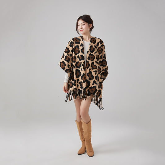 Thick Warm Vintage Leopard Print Tassel Shawl