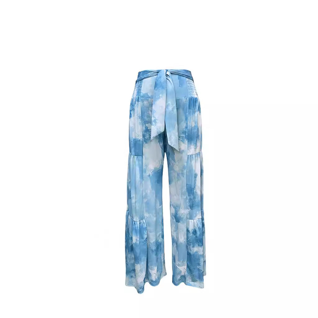 Printed Waist-controlled Lace-up Straight Pants