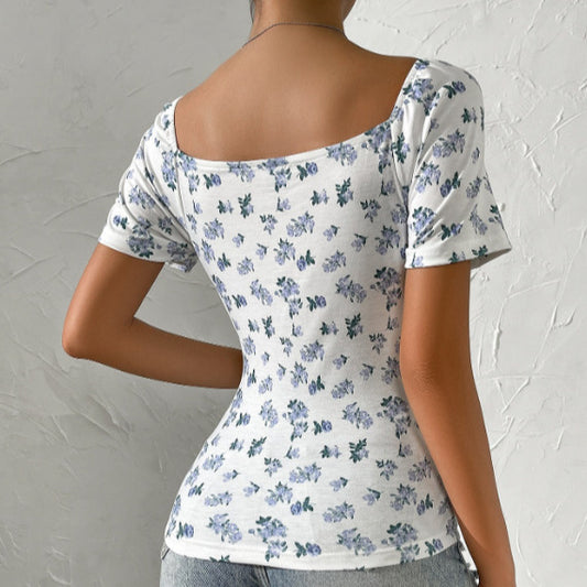 Floral Sexy Backless Knitted Micro-elastic Slim Women's Short Sleeve