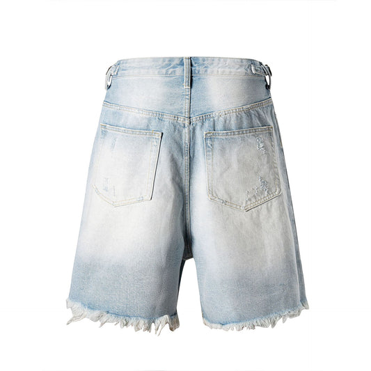 Washed Worn Hole With Cat Whisker Denim Shorts