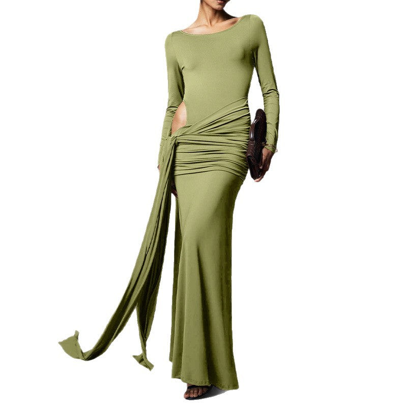 Womens Round-Neck Long-Sleeve Pleated Green Sheath Dress