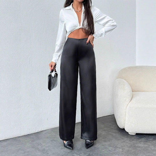 Women's Solid-Colored Casual Loose Satin Wide-Leg Pants