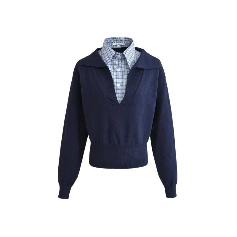 Women's American-style Retro Lapels Plaid Contrast Color Long-sleeved Sweater