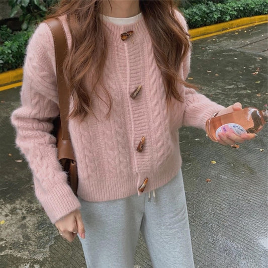 Womens Japanese-style Bell-shaped Button Short Ribbed Knit Sweater
