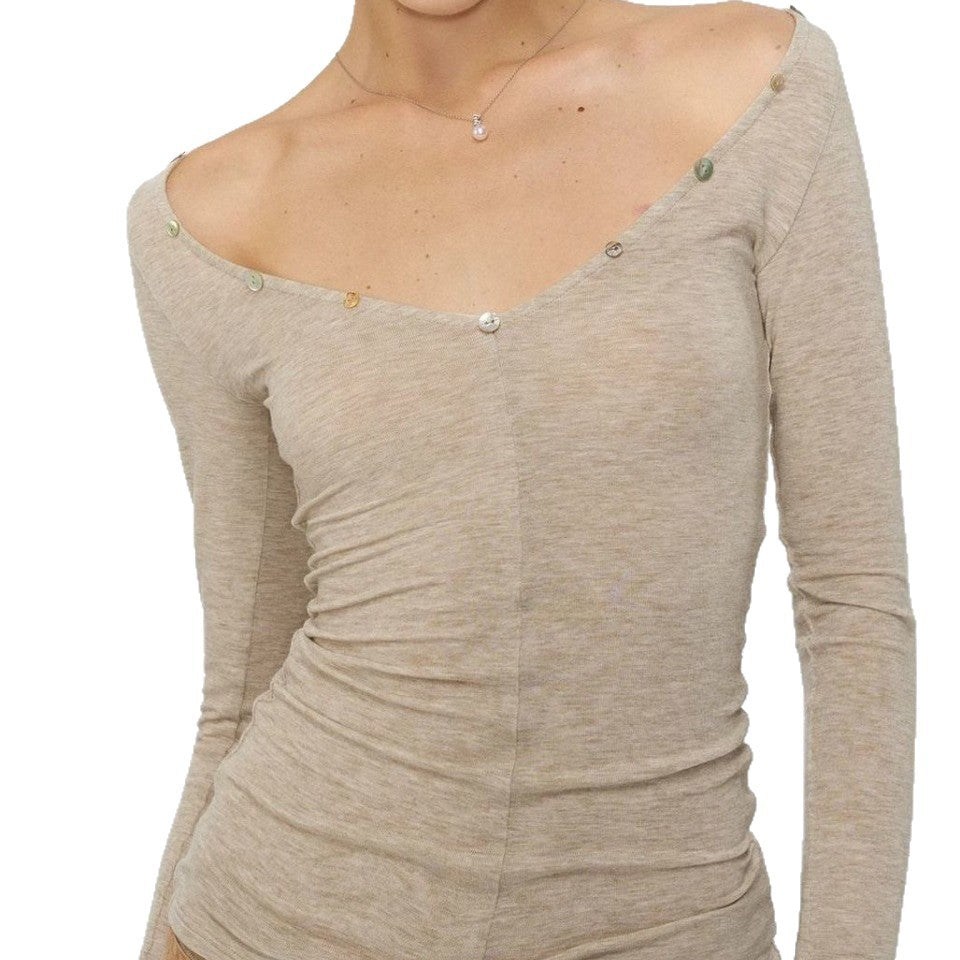 Reversible Button-front Off-shoulder T-shirt With A Slim Fit And Long Sleeves