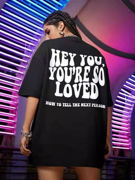 Front And Back Letter Print European And American Drop Shoulder Short Sleeves
