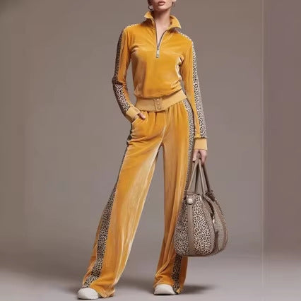 Leopard-print Patchwork Casual Long-sleeve Pants Set For Women