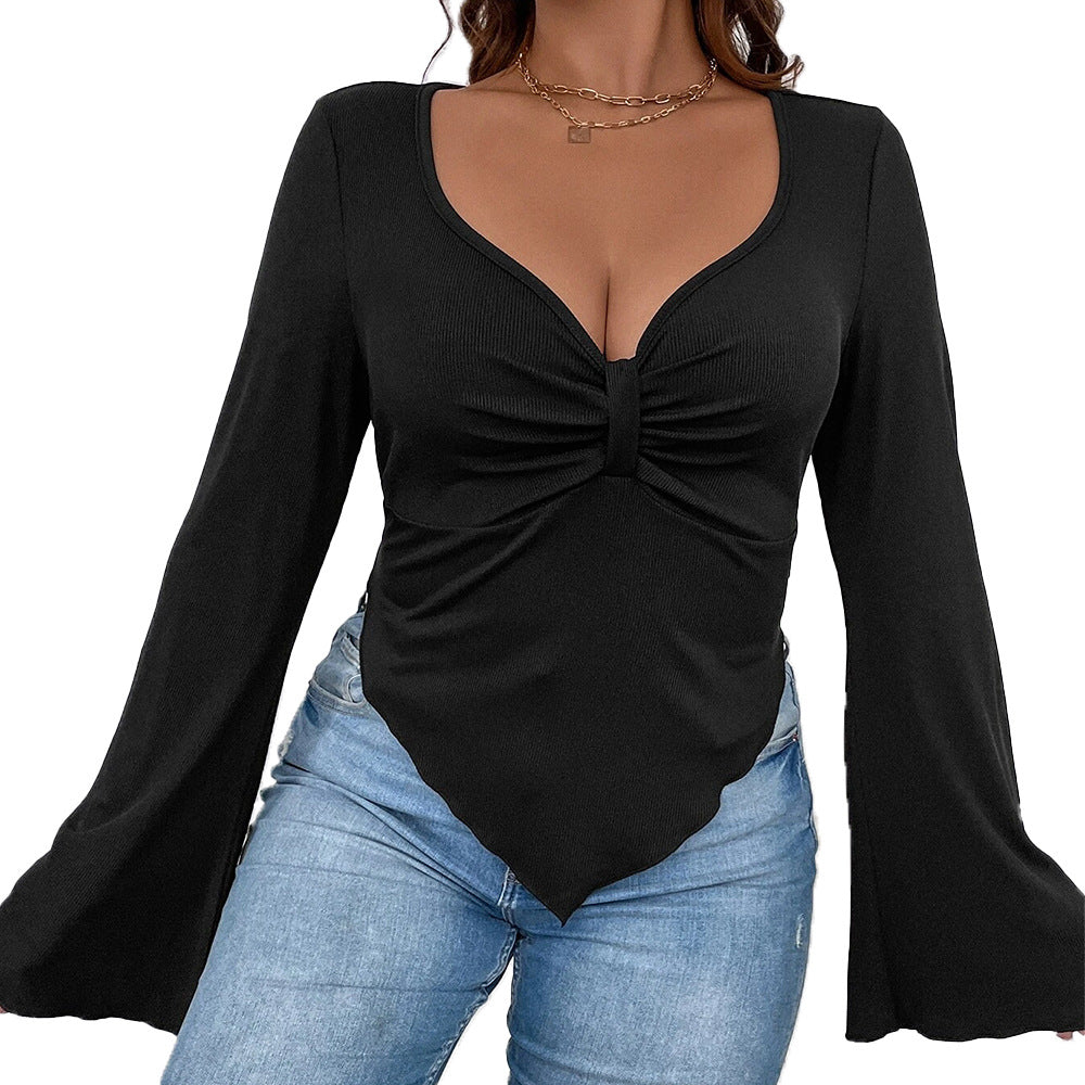 Women's Slim-fit Irregular Hem Bell-sleeve Knit Top