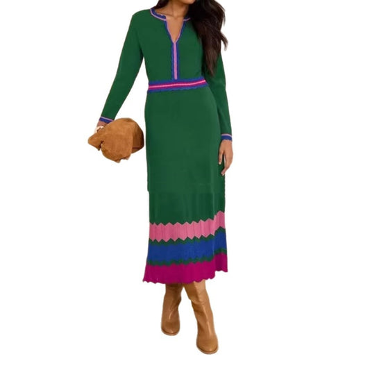 Patchwork V-neck Long Retro Waist-cinched Dress