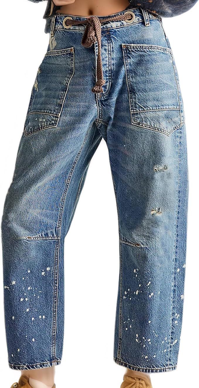 Womens Patchwork Loose Straight Denim Jeans With Drawstring Waist And Lace-Up Details
