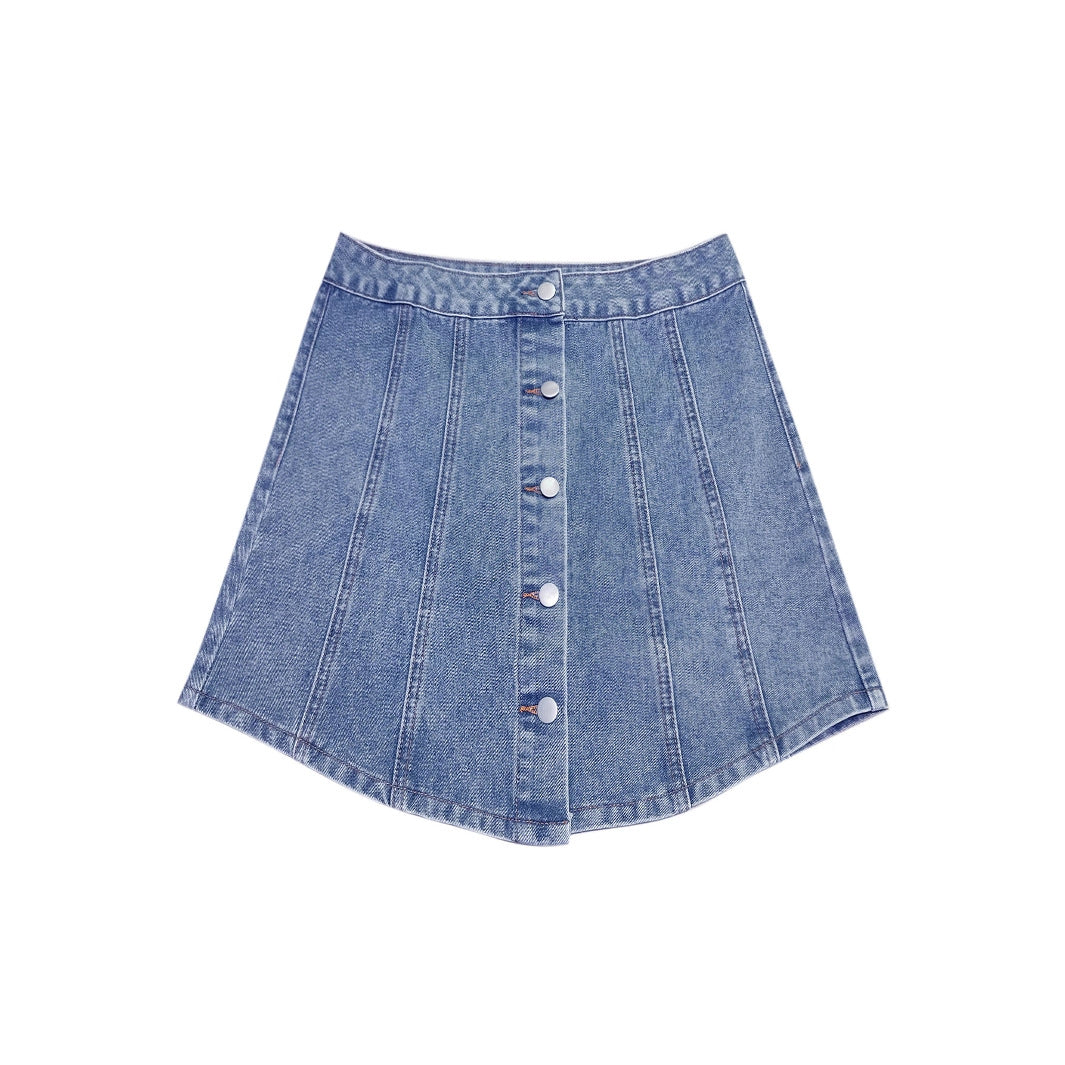 Womens Single-Breasted Defined-Waist Denim Skirt
