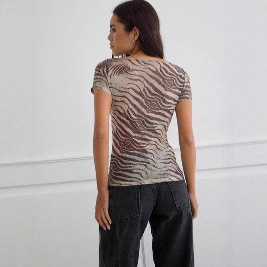 Mesh Sheer Off-shoulder Top With A Boat Neckline For Women
