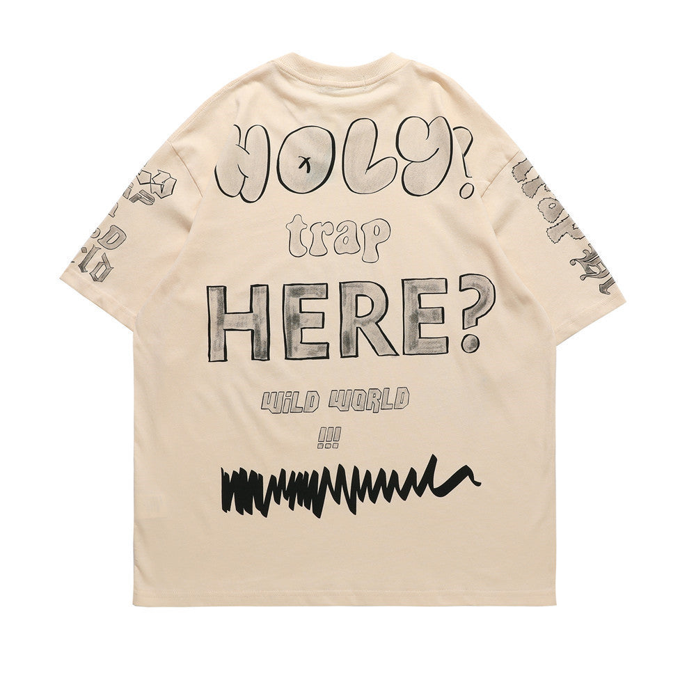 Round Neck Half Sleeve Letter Full Print Short Sleeve T-Shirt Men's