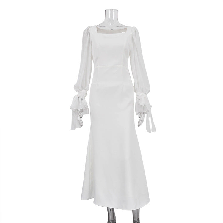 Square Collar Stitching Mesh Flared Sleeves Waist Slimming Fishtail Dress