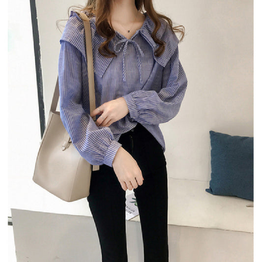 Temperament Commute Single-breasted Striped Pullover Lapel Shirt