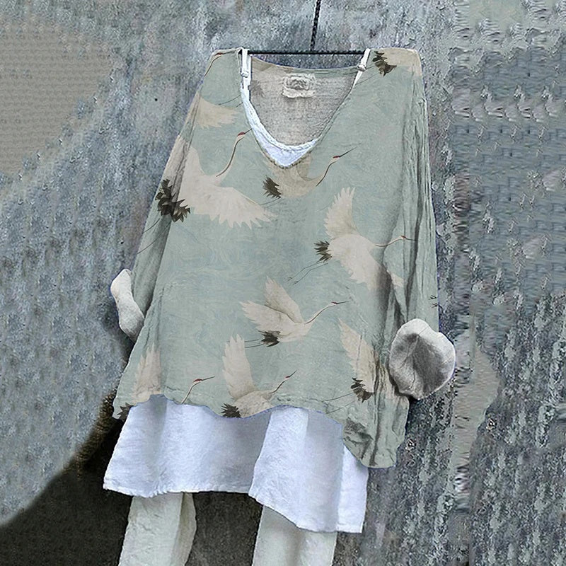 Womens Embroidered Loose Linen Top With Long Sleeves