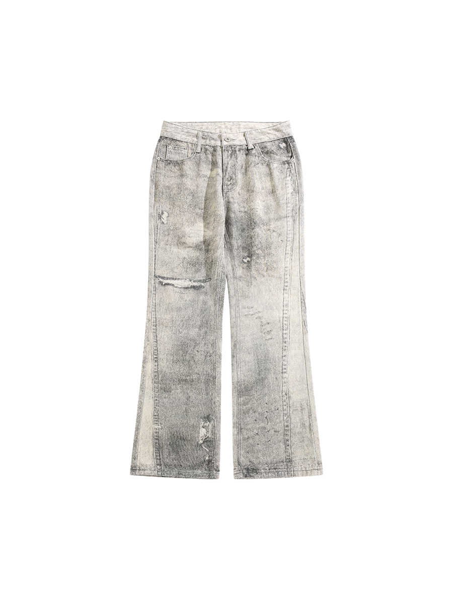 Tie-dyed Waste Soil Worn Jeans Holes Slightly Pull Mop Pants