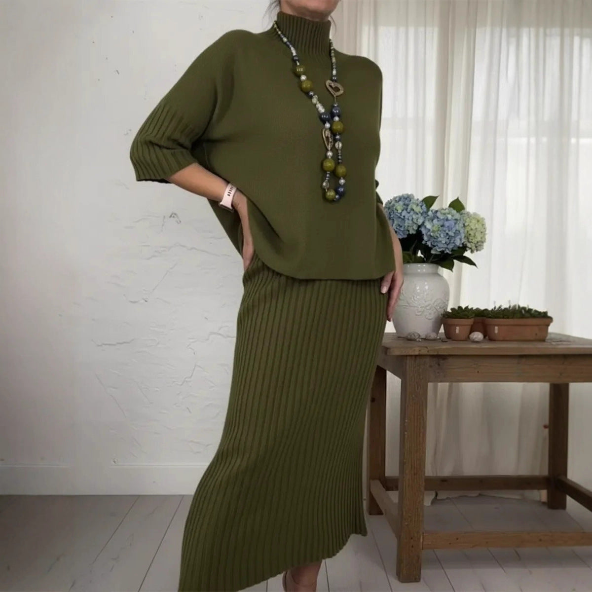 Womens Solid-Color Elegant High-Neck Knitted Sweater And Skirt Two-Piece Set