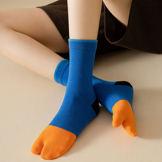 Women's Stitching Summer Thin Fashion Mid-calf Two-toe Socks