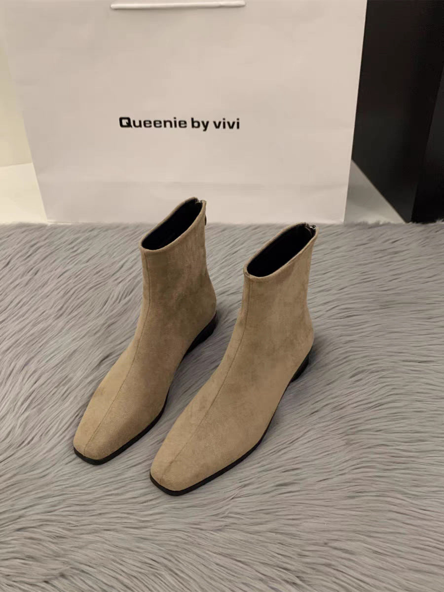 Womens Chunky-Heel Suede All-Match Fleece-Lined Stylish Ankle Boots