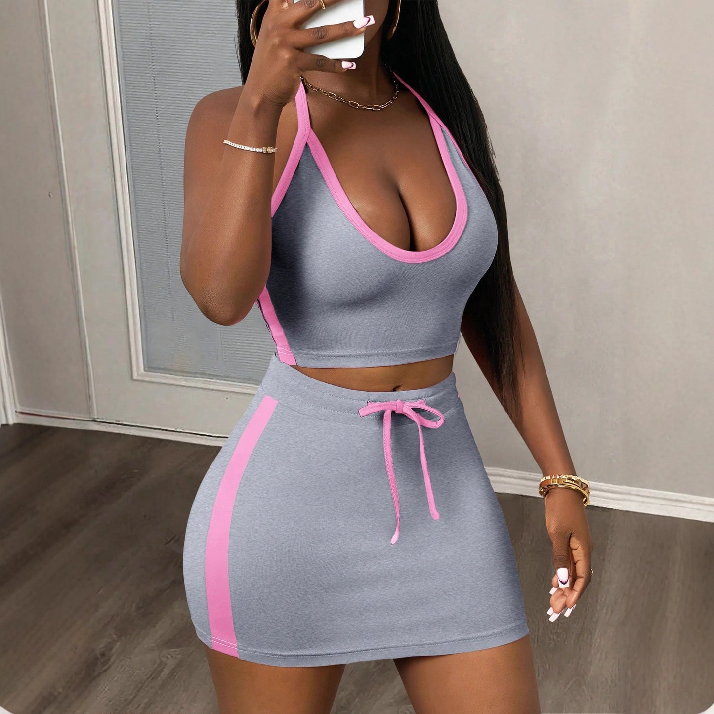 Color-Block Halterneck Lace-Up Backless Tank Top And Sheath Midi Skirt Set