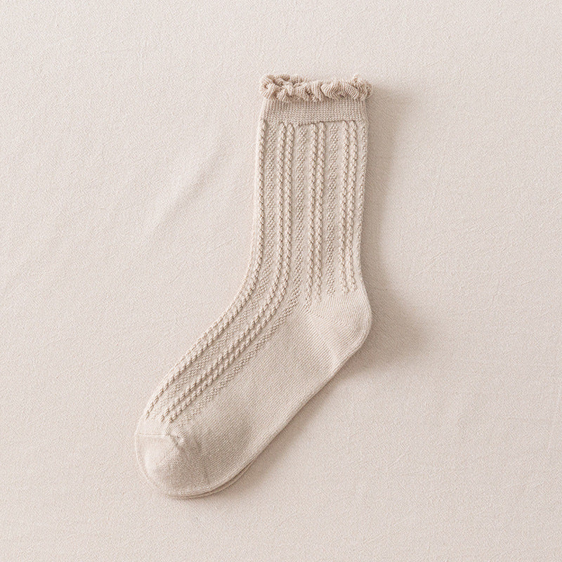 Autumn Japanese Solid Color Ins Lace Bubble Cotton Breathable Mid-calf Socks