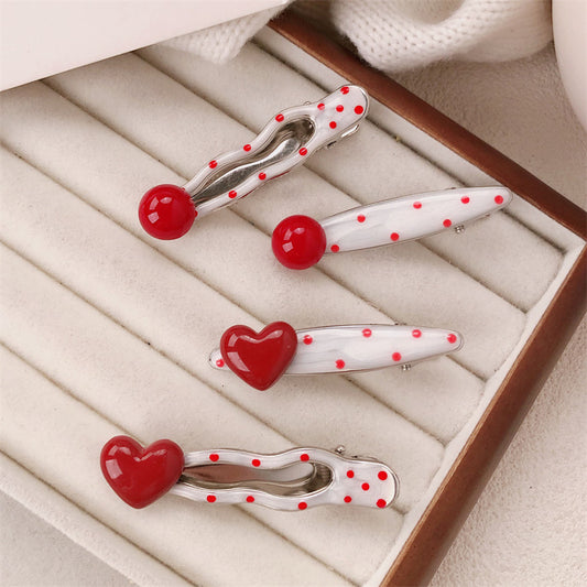 Red Stereo Love Heart-shaped Hairpin French Retro Dots Willow Leaf Clip