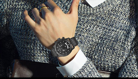 Men Timekeeping Waterproof Multi-functional Leather Quartz Watch With Large Dial