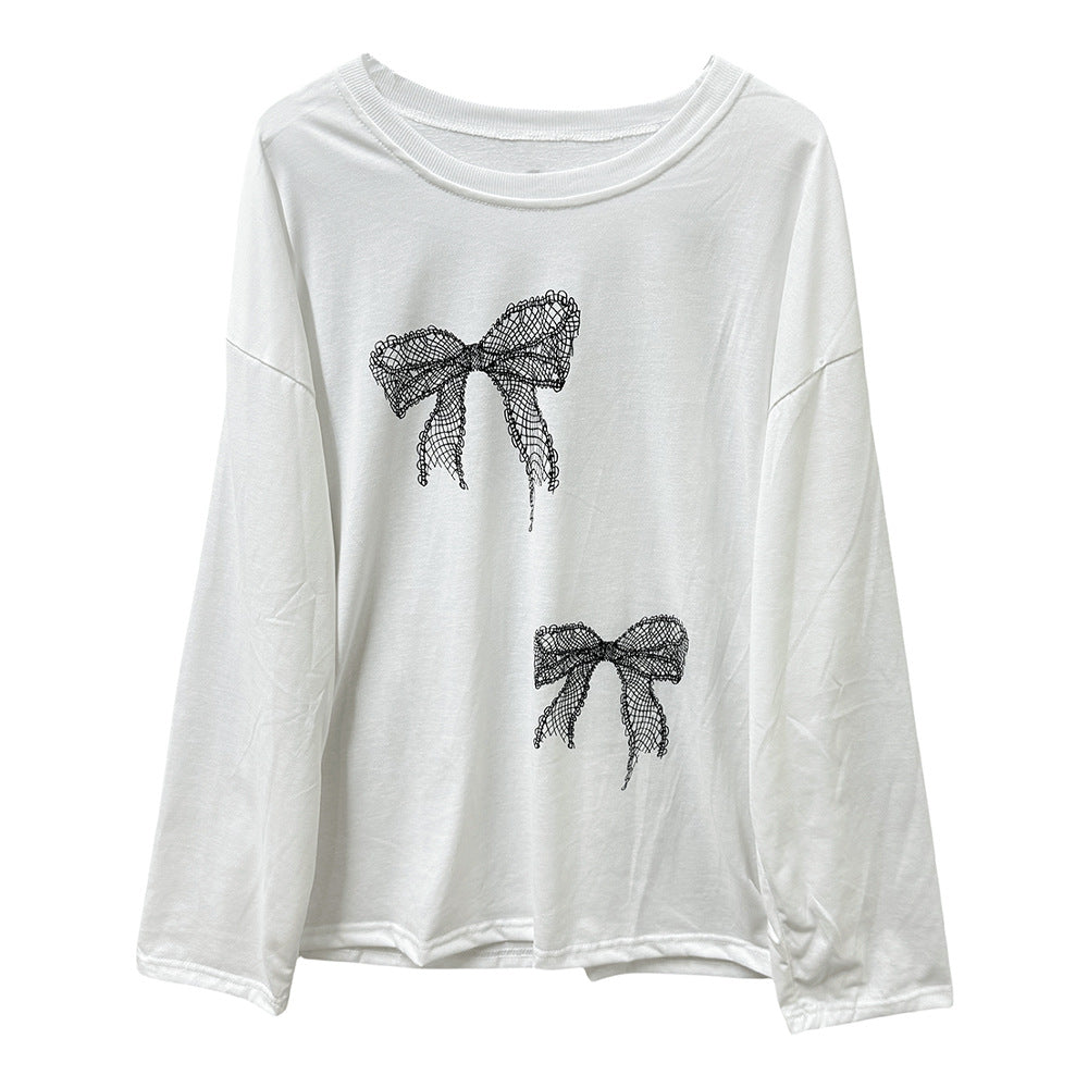 Bow Print Long-sleeved T-shirt Women's Thin Loose Top