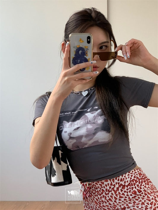 Simple Slim Fit Stretch Cat Letter Print Short Sleeves