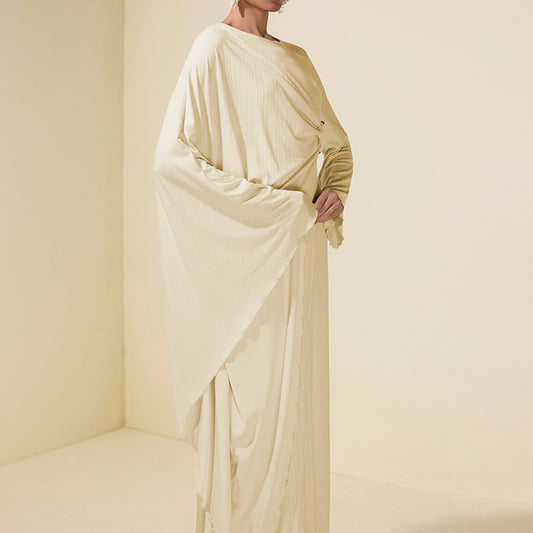 Crew-neck Asymmetrical Ruffle Long-sleeve Apricot Dress