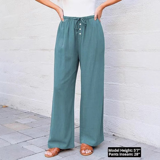 High Waist Button Drawstring Loose Casual Summer Wide-leg Pants With Pockets