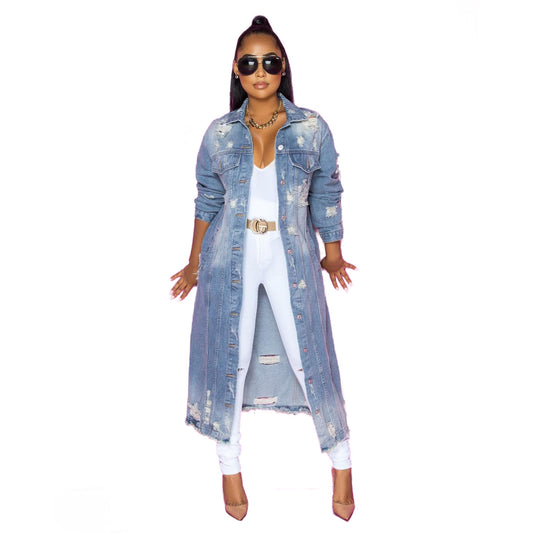 Blue Hole Washed Loose Long Sleeve Denim Coat