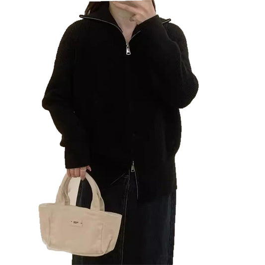 Hongkong-stil design strikket cardigan med dobbelt lynlås, afslappet modejakke