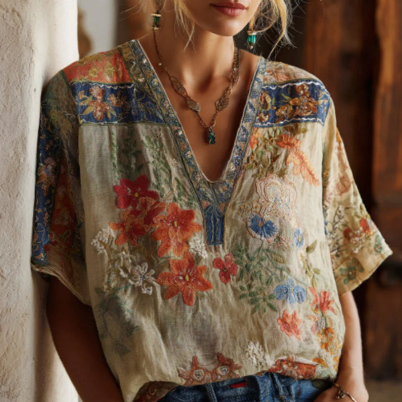 Bohemian Floral Pattern Vintage V-neck T-Shirt