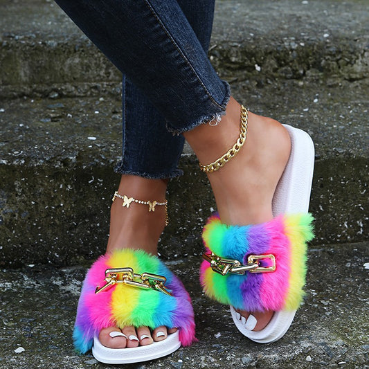 Fashion Simple Ladies Rainbow Plush Slippers