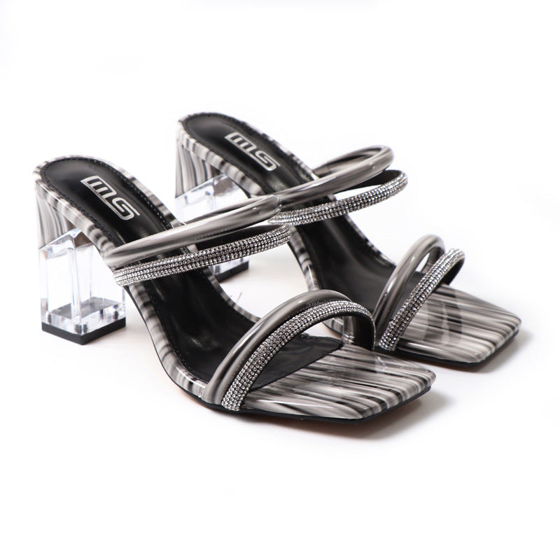 One Line Sandals And Slippers Crystal High Heeled Large Size Comfortable Sandals