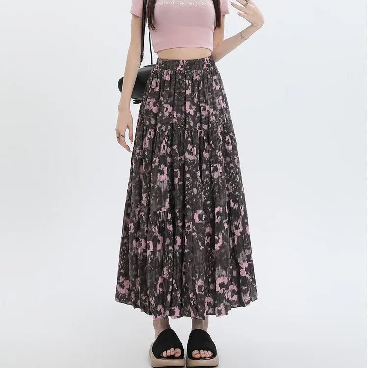 Chiffon Floral Long Dress High Waist Umbrella Skirt A- Line Skirt