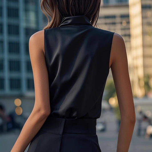 Womens Solid-Color Off-the-Shoulder High-Neck Halter Short-Sleeve Tank Top